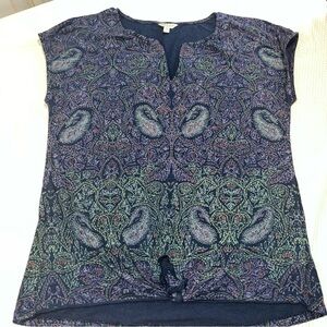 Lucky Brand Blue and Purple Cap Sleeve Blouse with Tie Front